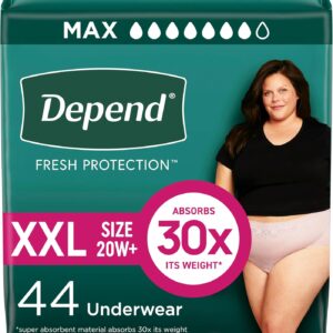 depend fit flex incontinence underwear for women, disposable, maximum absorbency, xxl, blush, 44 count (2 packs of 22) (packaging may vary)