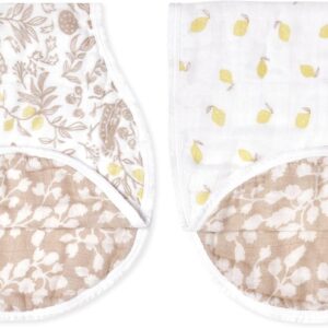 aden + anais silky soft bamboo viscose burpy bib – multi use, absorbent 4 layer burp cloth and full coverage snap closure baby bib in one, 22.5” x 11”, 2 pack, natural woodland
