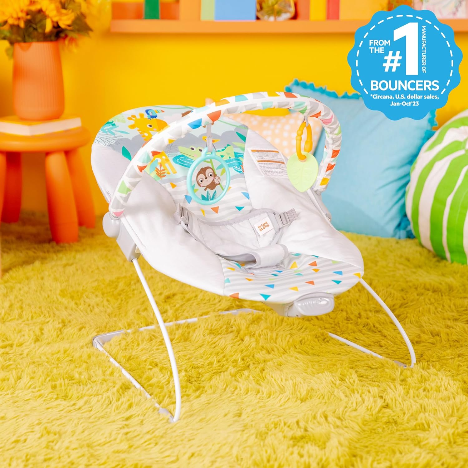 bright starts, safari fun baby rocker, baby swing with soothing vibrations, play arch with 2 toys, 3 point harness seat, machine washable seat cushion, from birth to 9 kg bright starts, safari fun baby rocker, baby swing with soothing vibrations, play arch with 2 toys, 3 point harness seat, machine washable seat cushion, from birth to 9 kg