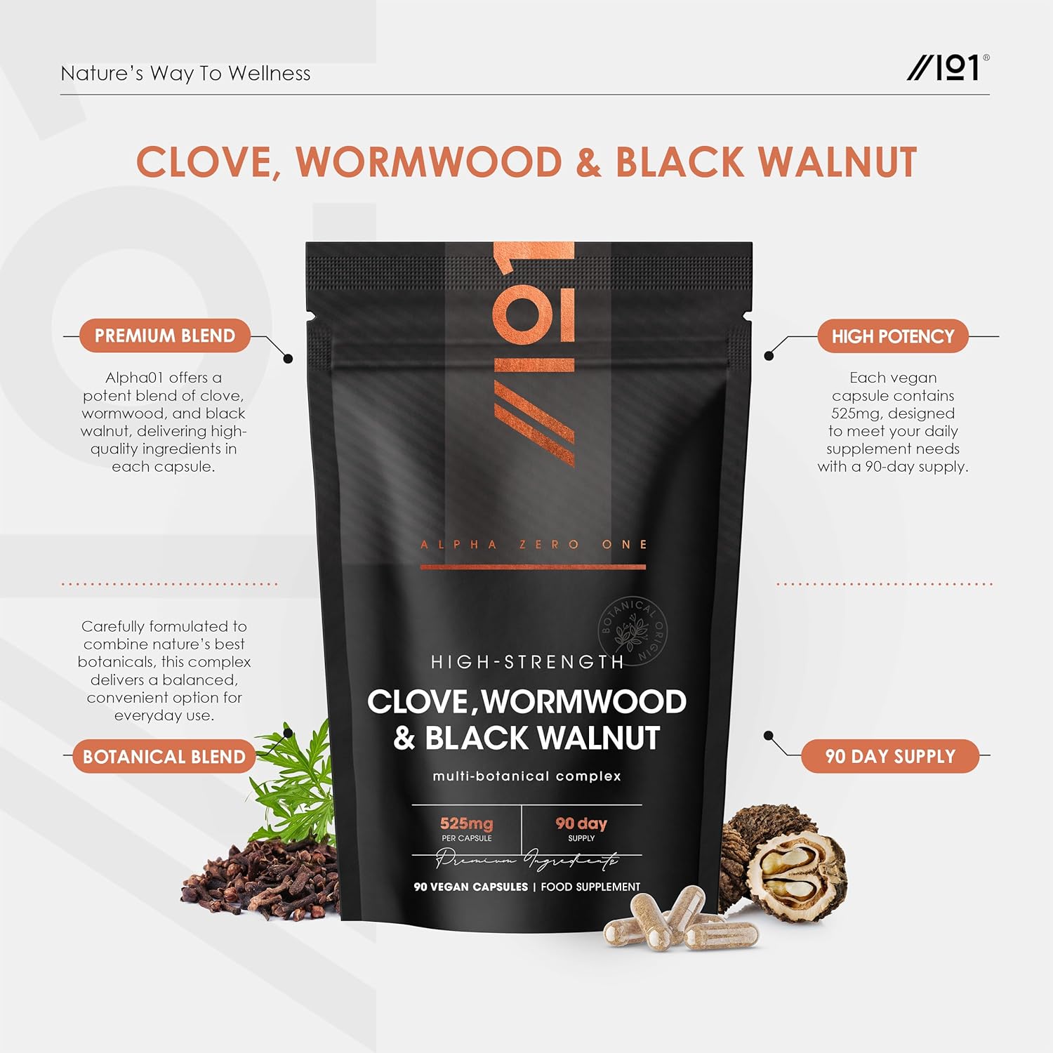 clove, wormwood & green black walnut hull 525mg – 90 vegan capsules – high strength multi botanical complex supplement – resealable and recyclable pouch by alpha01 clove, wormwood & green black walnut hull 525mg – 90 vegan capsules – high strength multi botanical complex supplement – resealable and recyclable pouch by alpha01