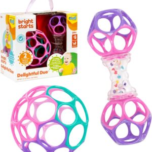bright starts delightful duo 2 piece gift set with easy grip oball rattles pink baby toy from birth
