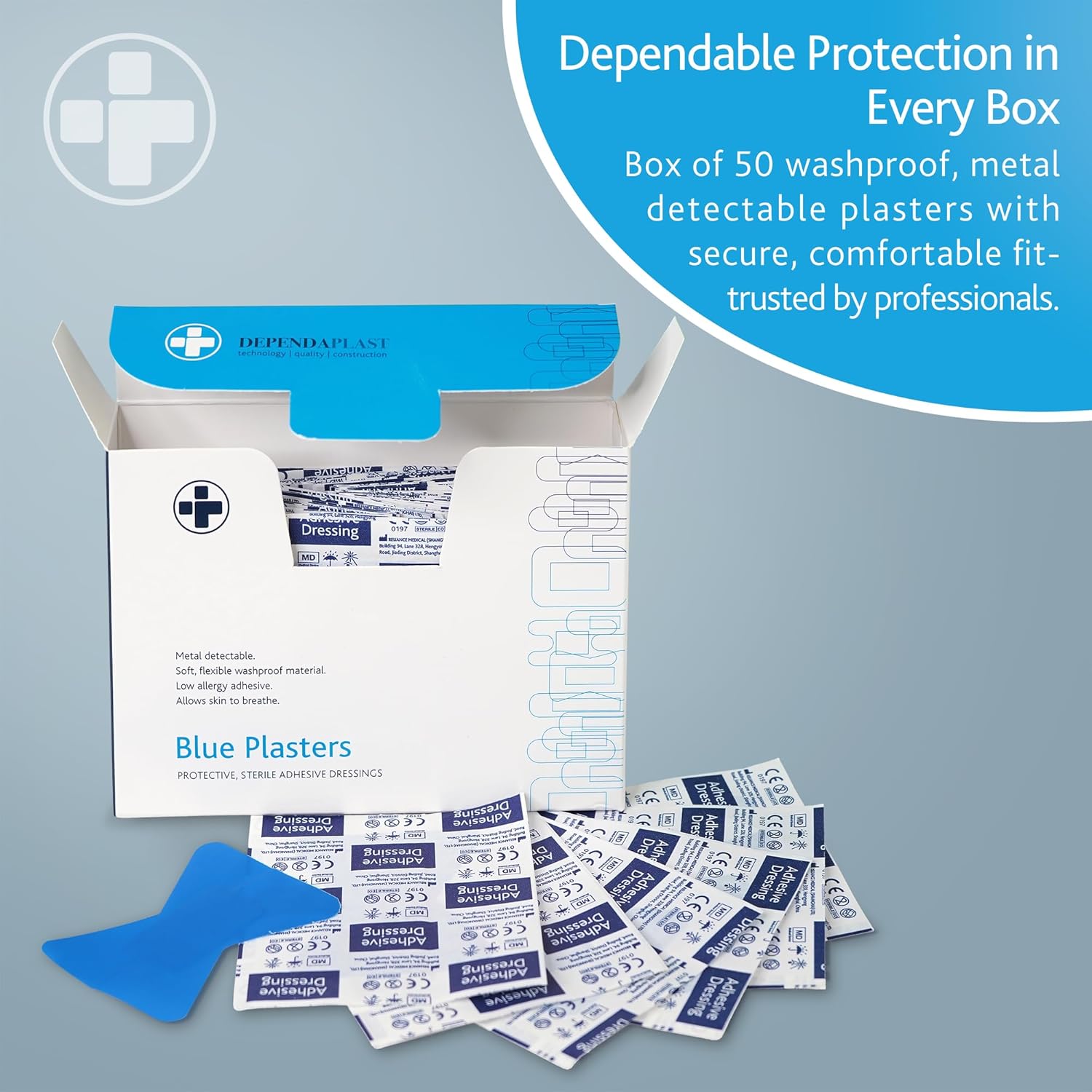 dependaplast food area blue plasters with high visibility and metal detection properties, easily detectable, individually wrapped fingertip box of 50 dependaplast food area blue plasters with high visibility and metal detection properties, easily detectable, individually wrapped fingertip box of 50