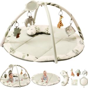 fortella baby gym, activity mat, foldable play blanket with 5 hanging toys, mirror and pillow padded mat for catnip, infant development, 0 3 6 12 months(green)