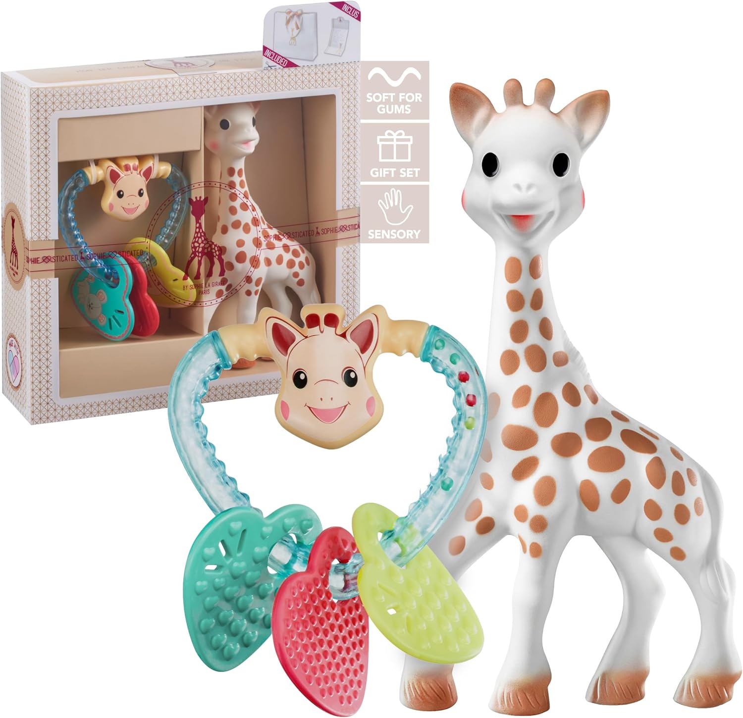 sophie la girafe sophiesticated original teether with heart rattle gift set, 100% natural rubber baby teething toy, baby gift box set with gift bag and card sophie la girafe sophiesticated original teether with heart rattle gift set, 100% natural rubber baby teething toy, baby gift box set with gift bag and card