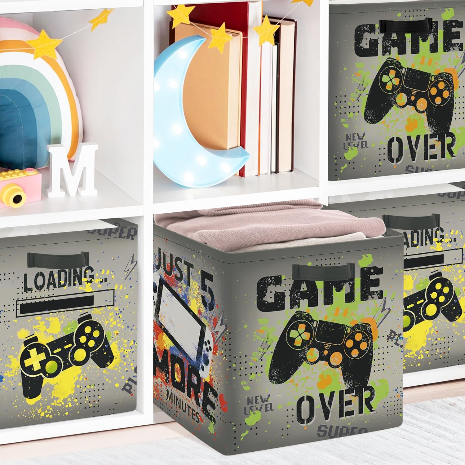 clastyle video games kid storage cube organizer set closet clothes cube storage bin nursery toddler baby toy box chest boys book shelf basket, gamepad, 11.8x11.8x11.8 in clastyle video games kid storage cube organizer set closet clothes cube storage bin nursery toddler baby toy box chest boys book shelf basket, gamepad, 11.8x11.8x11.8 in