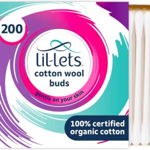 lil lets cotton wool buds, certified organic, 100% pure cotton wool tips, durable paper stems, plastic free cotton buds, dermatologically tested, pack of 200