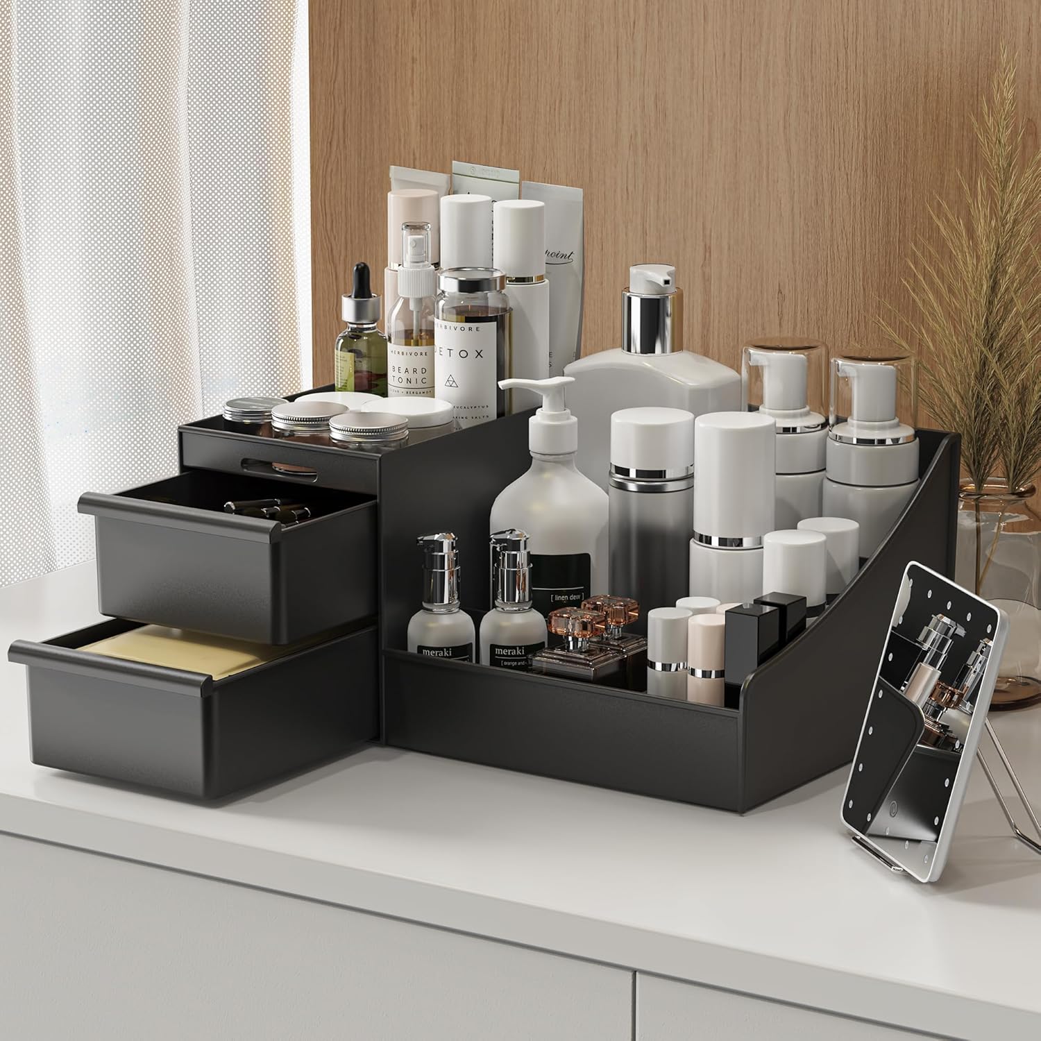 makeup organizer storage drawers, large capacity cosmetic organisers for lipsticks, jewelry, nail care, skincare organiser for vanity, ideal desk organizer for dresser and bathroom (black) makeup organizer storage drawers, large capacity cosmetic organisers for lipsticks, jewelry, nail care, skincare organiser for vanity, ideal desk organizer for dresser and bathroom (black)