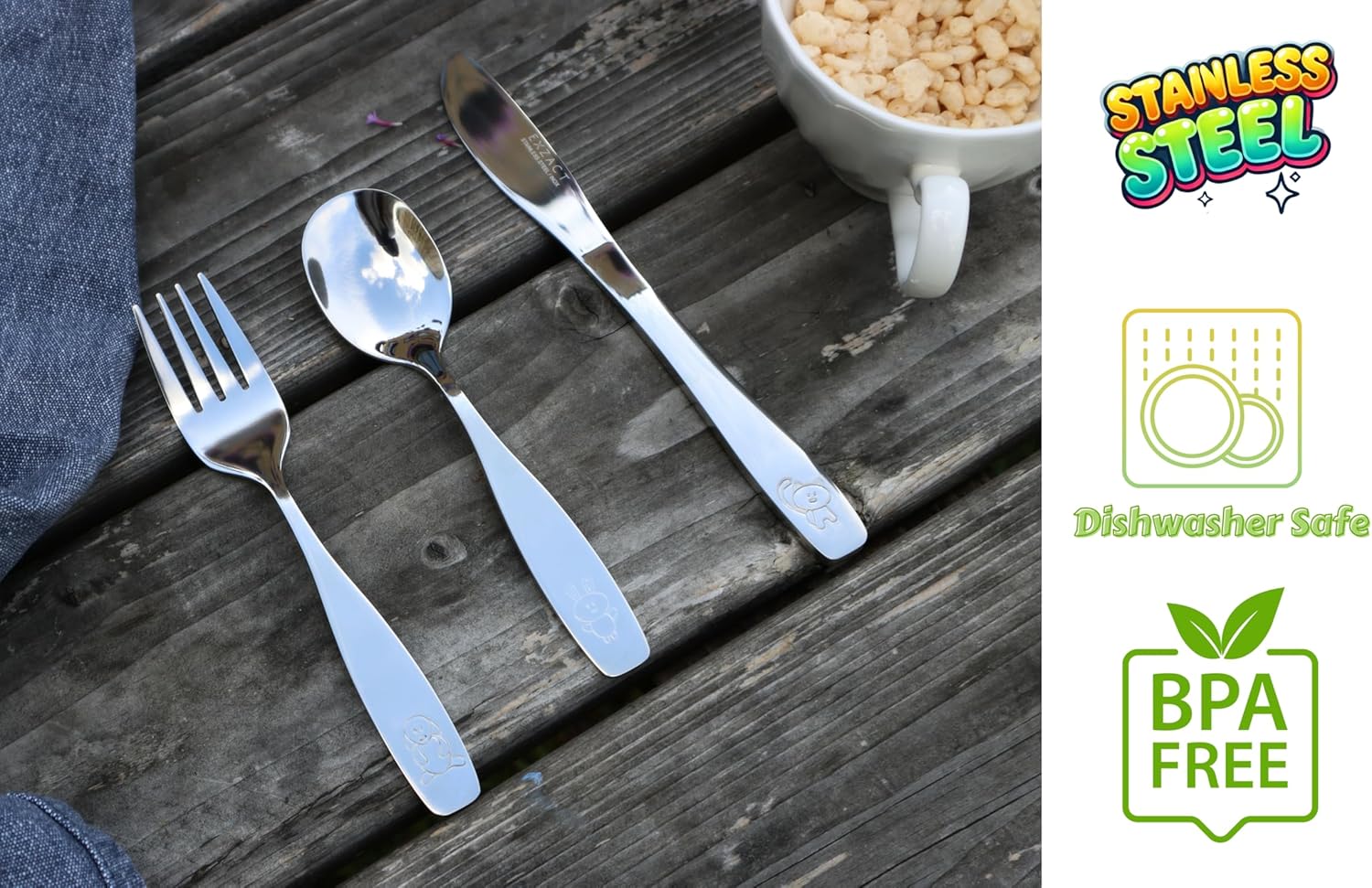 exzact children's cutlery stainless steel 6pcs set/kids cutlery/toddler utensils/flatware 2 x forks, 2 x safe dinner knives, 2 x dinner spoons engraved dog cat bunny design exzact children's cutlery stainless steel 6pcs set/kids cutlery/toddler utensils/flatware 2 x forks, 2 x safe dinner knives, 2 x dinner spoons engraved dog cat bunny design