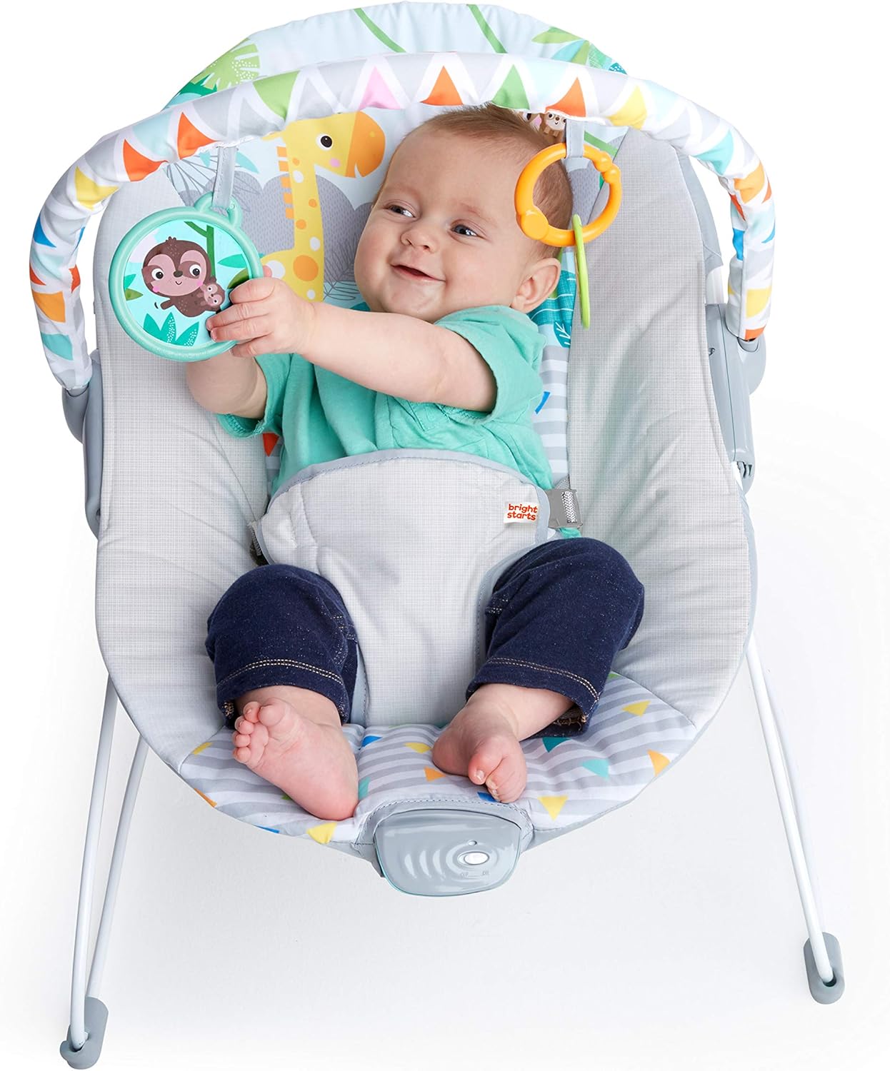 bright starts, safari fun baby rocker, baby swing with soothing vibrations, play arch with 2 toys, 3 point harness seat, machine washable seat cushion, from birth to 9 kg bright starts, safari fun baby rocker, baby swing with soothing vibrations, play arch with 2 toys, 3 point harness seat, machine washable seat cushion, from birth to 9 kg