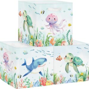 11.8" sea animal storage cube organizer set shark turtle jellyfish clothes storage basket bin for closet shelf stingray seaweed nursery kid room book toy chest, 3pcs
