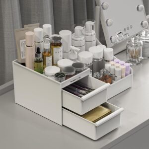 makeup organizer storage drawers, large capacity cosmetic organisers for lipsticks, jewelry, nail care, skincare organiser for vanity, ideal desk organizer for dresser and bathroom (white)