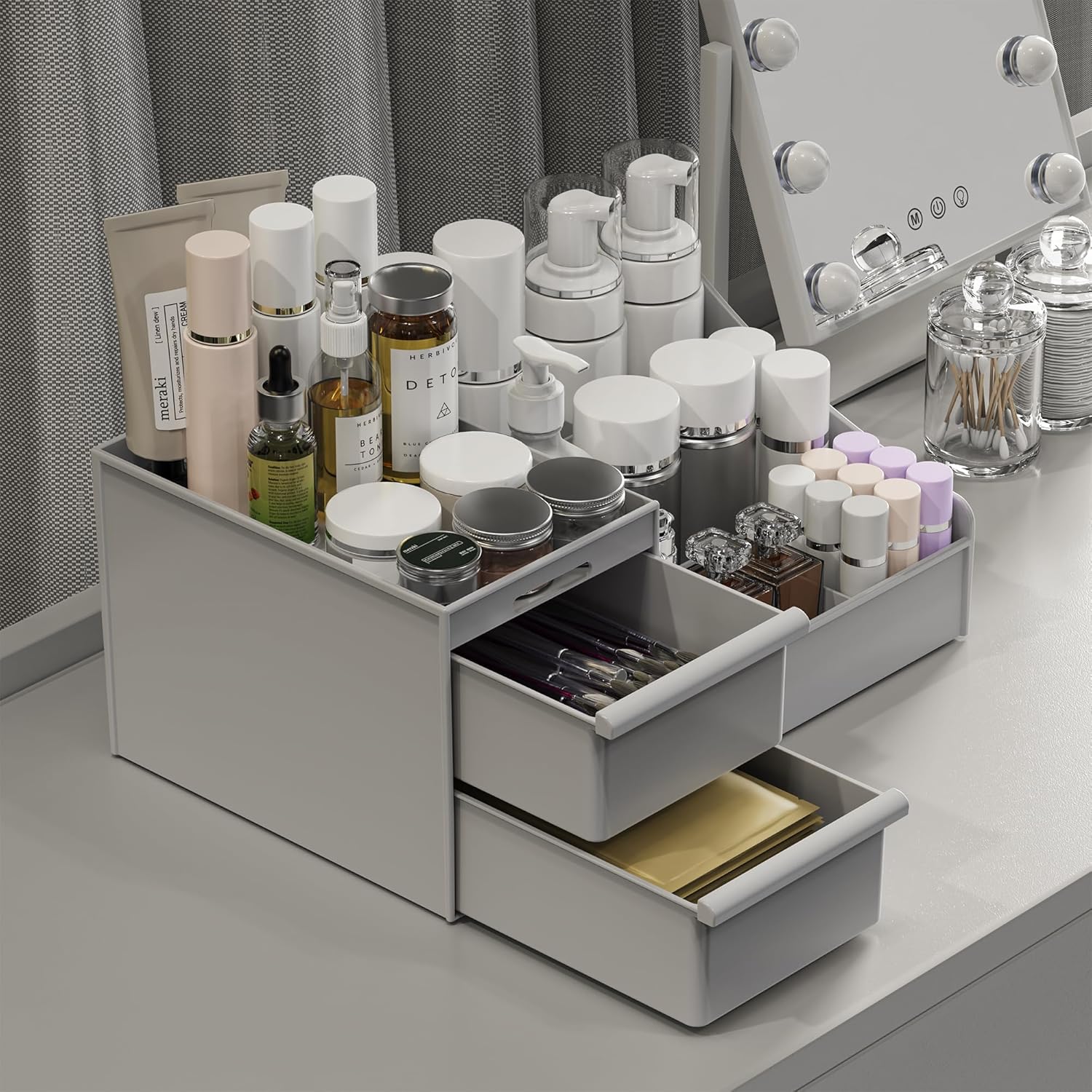 makeup organizer storage drawers, large capacity cosmetic organisers for lipsticks, jewelry, nail care, skincare organiser for vanity, ideal desk organizer for dresser and bathroom (grey) makeup organizer storage drawers, large capacity cosmetic organisers for lipsticks, jewelry, nail care, skincare organiser for vanity, ideal desk organizer for dresser and bathroom (grey)