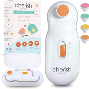cherish baby care award winning electric baby nail file automatic safety stop, baby nail file electric with 4 filing pads from 0 to 12+ months, includes travel case