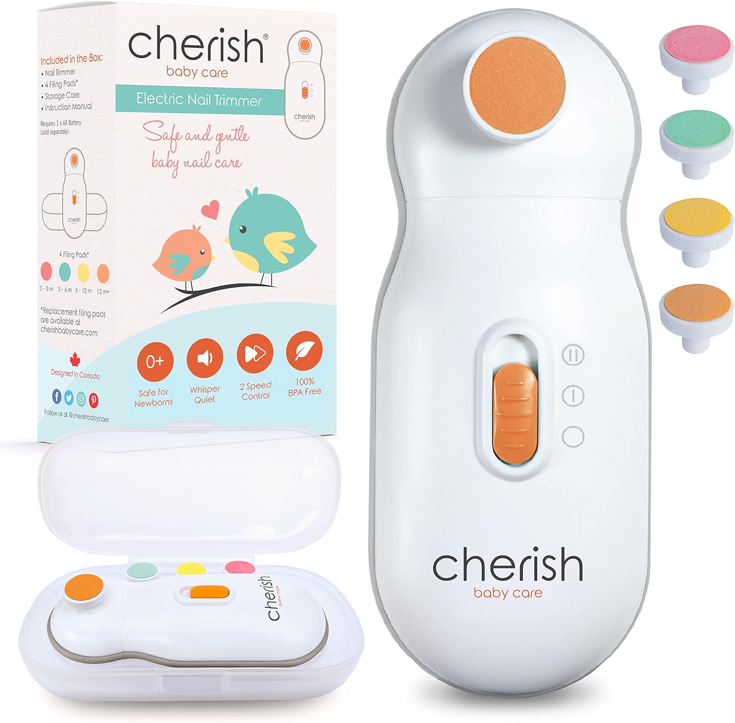 cherish baby care award winning electric baby nail file automatic safety stop, baby nail file electric with 4 filing pads from 0 to 12+ months, includes travel case cherish baby care award winning electric baby nail file automatic safety stop, baby nail file electric with 4 filing pads from 0 to 12+ months, includes travel case