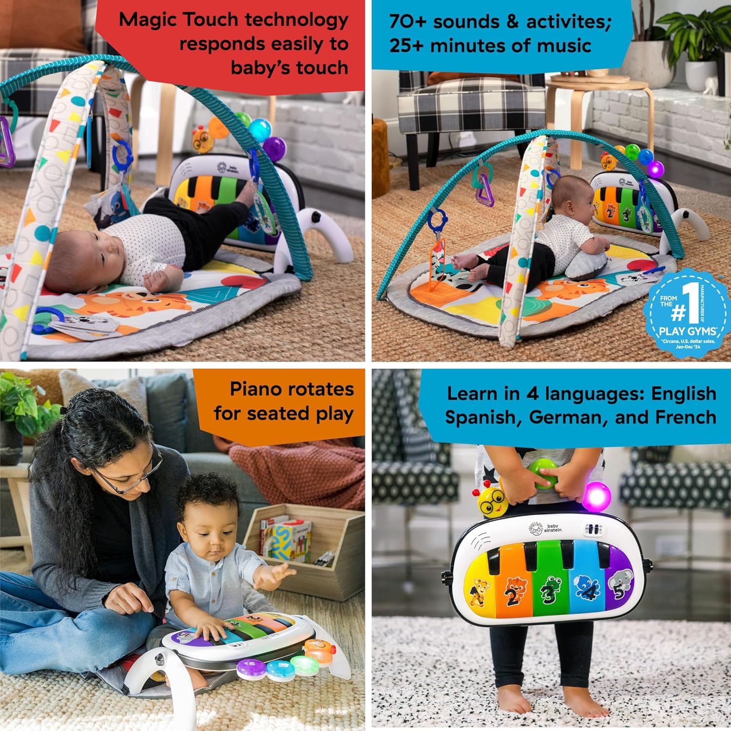baby einstein, 4 in 1 kickin' tunes and language discovery play gym with piano, mat with detachable activity toys, lights, sounds and music, ages newborn + baby einstein, 4 in 1 kickin' tunes and language discovery play gym with piano, mat with detachable activity toys, lights, sounds and music, ages newborn +